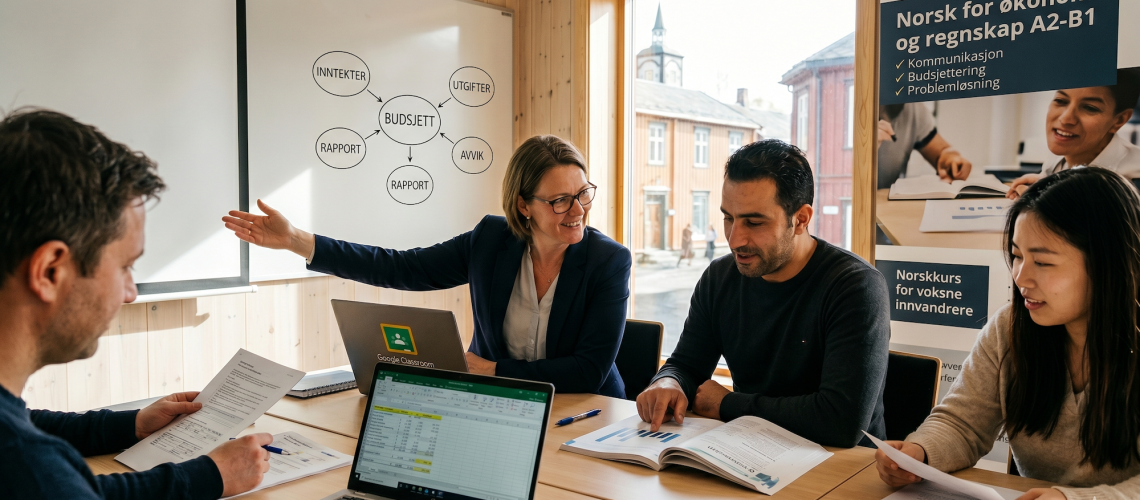 Norskkurs for økonomi og regnskap. Bilde generert med AI